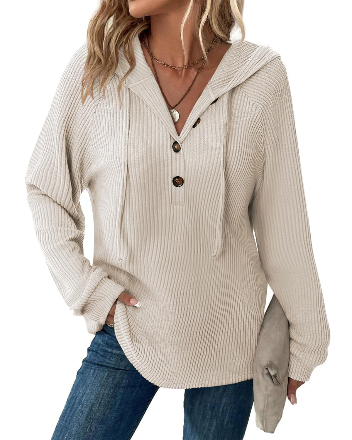 RIROW Womens Tops Long Sleeve Shirt Fuzzy Hoodies Sweater,Solid Apricot,L 🍁 All In One Marketplace Canada