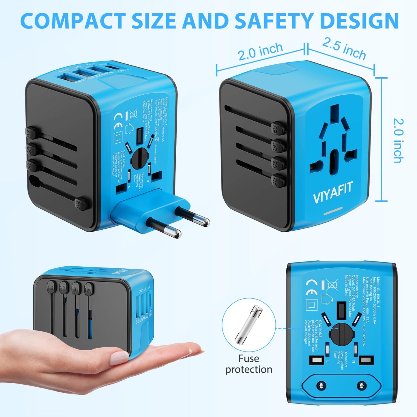 Universal International Travel Power Adapter, All in One Wall Charger with High Speed 2.4A 3xUSB, 3.0A Type-C, European Adapter, Worldwide AC Outlet Plugs for UK, EU, AU & Asia (Blue) - Available at All In One Marketplace Canada
