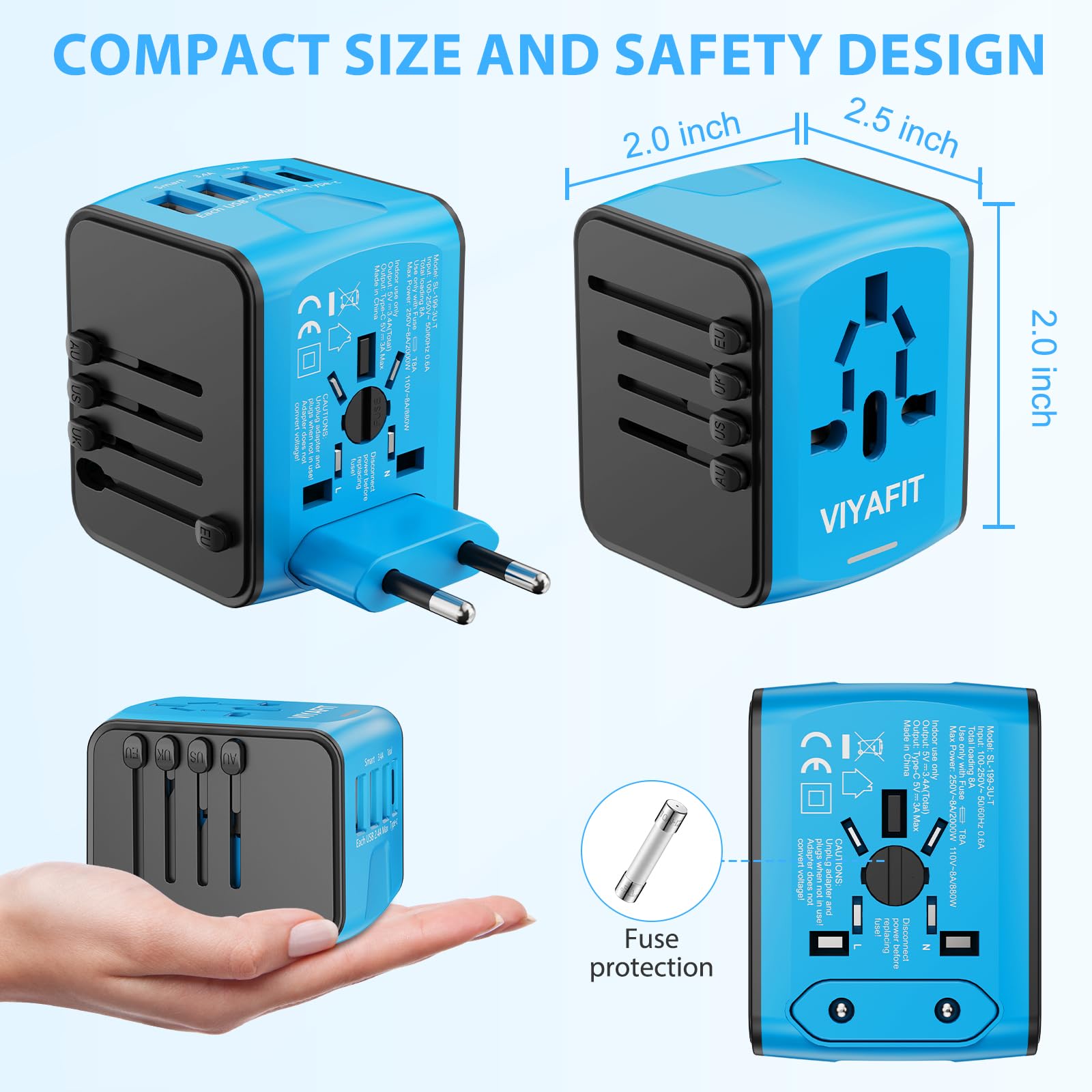 Universal International Travel Power Adapter, All in One Wall Charger with High Speed 2.4A 3xUSB, 3.0A Type-C, European Adapter, Worldwide AC Outlet Plugs for UK, EU, AU & Asia (Blue) - Available at All In One Marketplace Canada