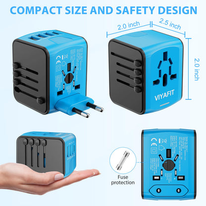 Universal International Travel Power Adapter, All in One Wall Charger with High Speed 2.4A 3xUSB, 3.0A Type-C, European Adapter, Worldwide AC Outlet Plugs for UK, EU, AU & Asia (Blue) - Available at All In One Marketplace Canada