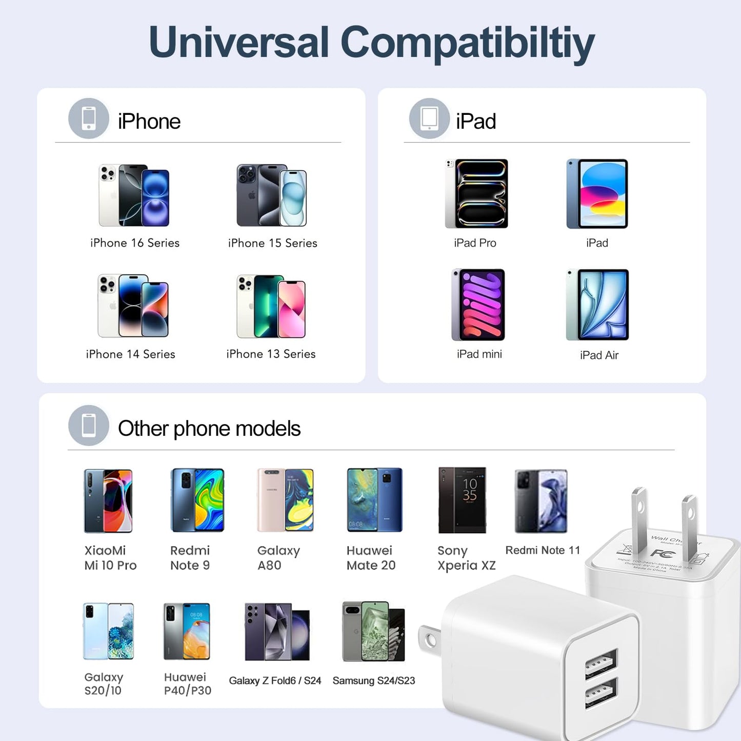 USB Charger Block, 2 Pack Dual Port USB Wall Plug 2.1A Power Adapter Charging Block for Phone 14 13 12 11 Pro Max SE XS XR X 8 7 6 Plus, Pad, Galaxy, Tablet, Android Phone - Available at All In One Marketplace Canada