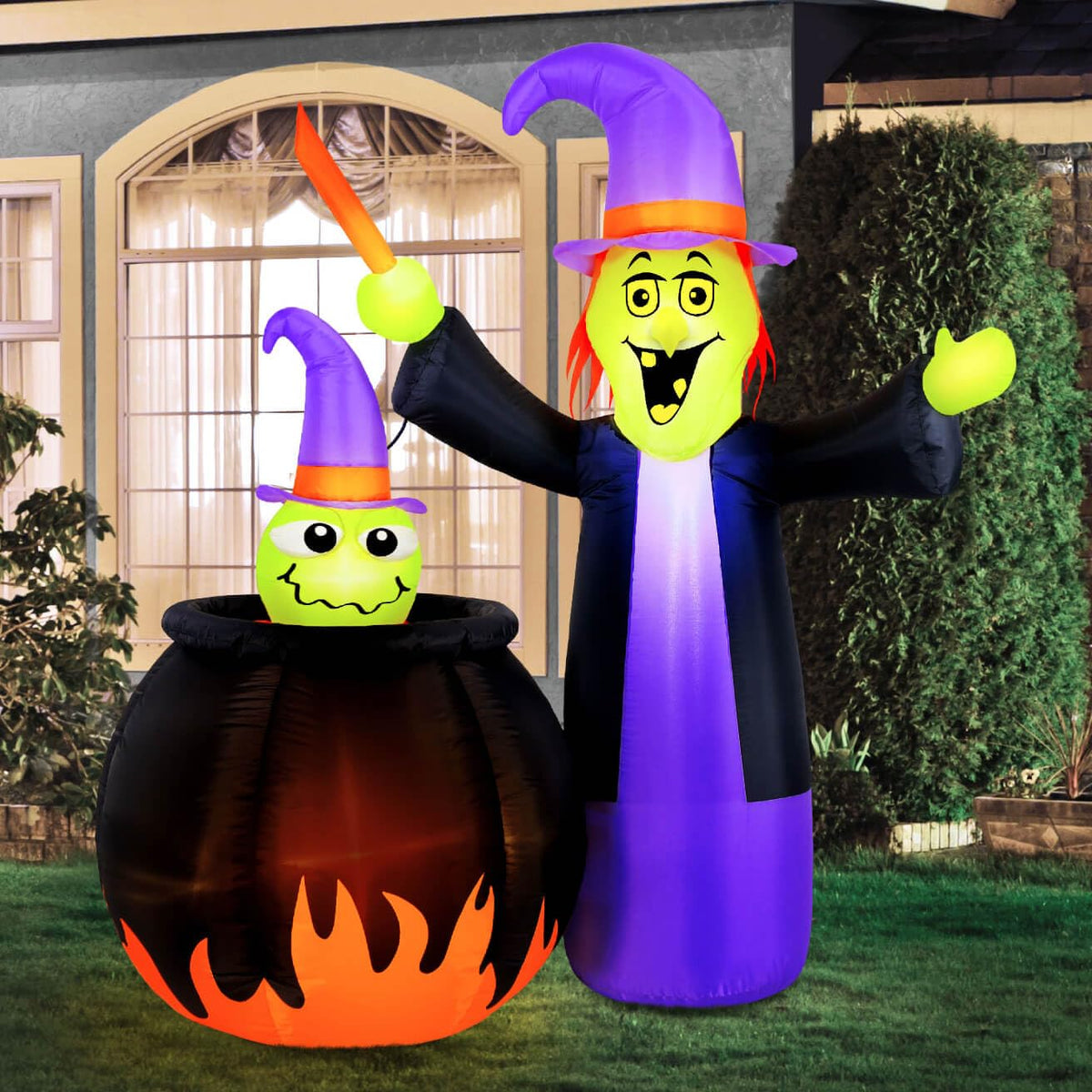 Sorcière gonflable animée d'Halloween Occasions avec chaudron de 1,5 mètre