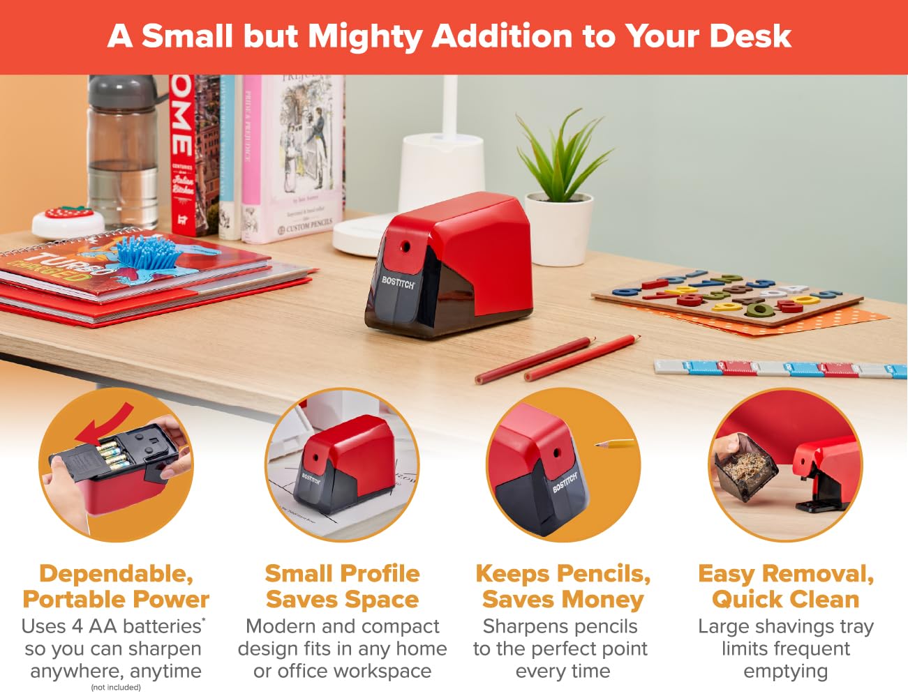 Bostitch Office Battery Pencil Sharpener, 4X Longer Cutter Life, Tip Saver Technology, Red Bostitch