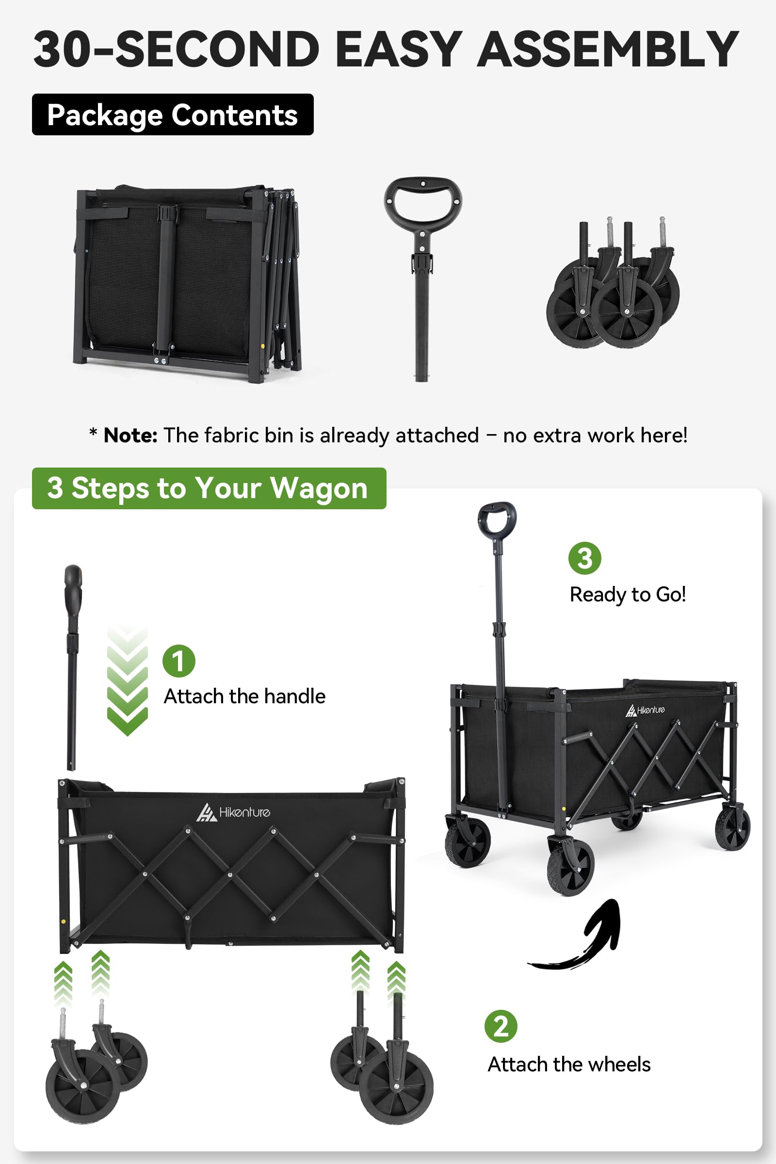 Hikenture Wagon Cart Foldable, Ultra-Compact Small Utility Folding Wagon, Heavy Duty Grocery Cart with All-Terrain Wheels, Portable Collapsible Wagon for Garden, Beach, Shopping, Camping, Sports