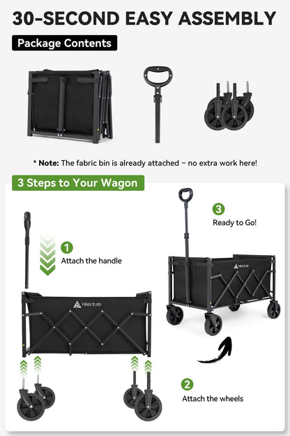 Hikenture Wagon Cart Foldable, Ultra-Compact Small Utility Folding Wagon, Heavy Duty Grocery Cart with All-Terrain Wheels, Portable Collapsible Wagon for Garden, Beach, Shopping, Camping, Sports