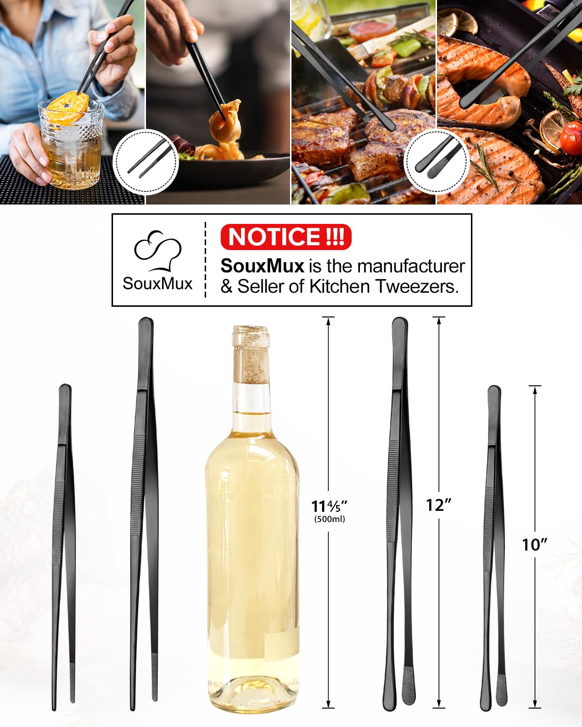2 Pcs 12-inch Cooking Tweezers Tongs Precision Serrated Tips, Stainless Steel Professional Chef Tweezer Kitchen Tools for BBQ, Plating and Serving - Available at All In One Marketplace Canada