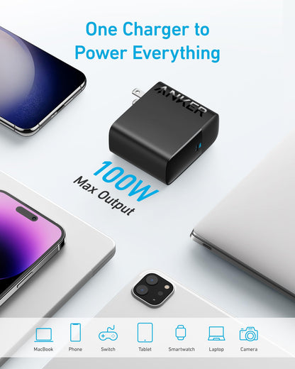 Anker MacBook Charger, Compact and Foldable 100W USB C Charger for MacBook Air, Samsung Galaxy, iPad Pro, and More, 5FT USB C Cable Included