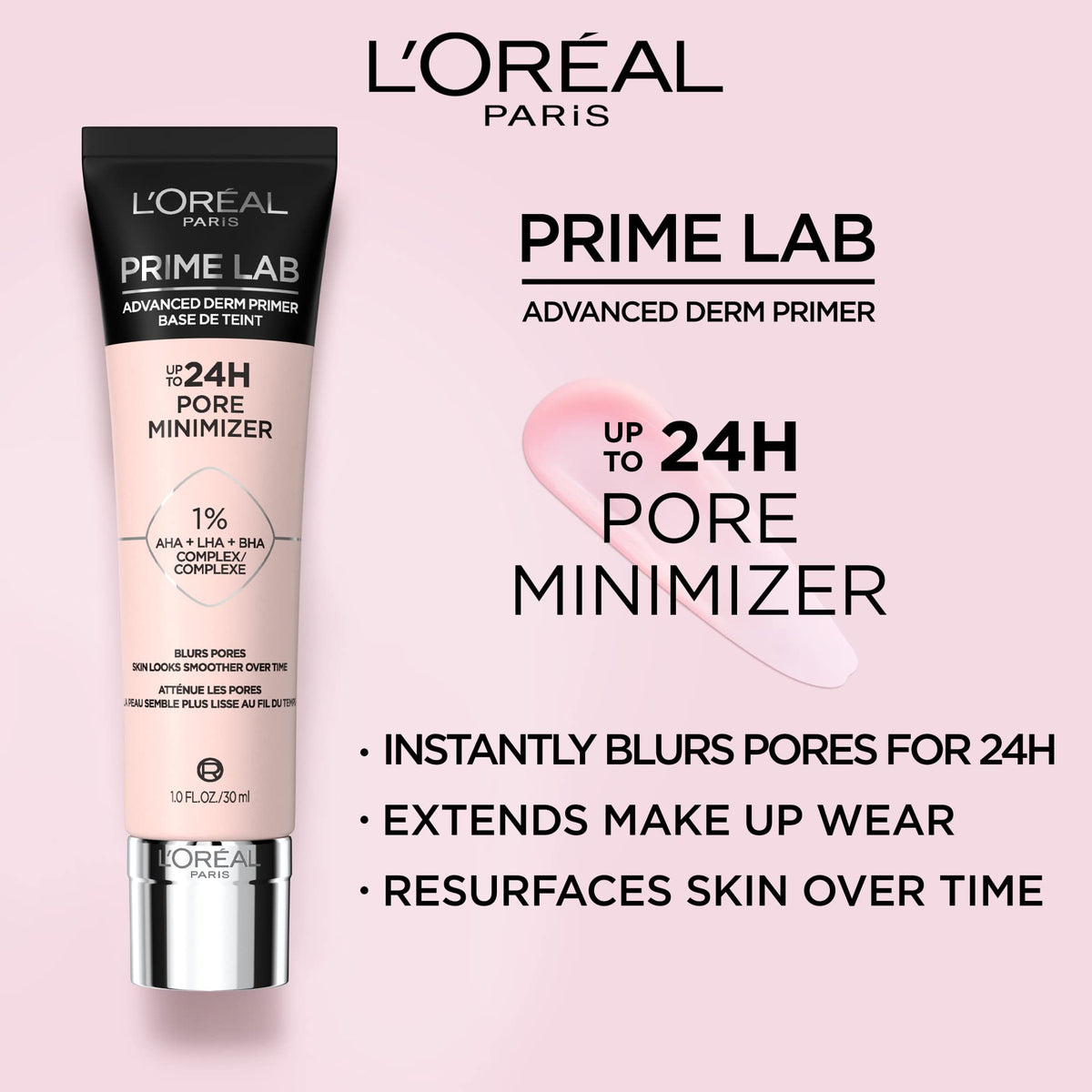 L’Oréal Paris Prime Lab 24H Pore Minimizer Foundation Primer - Pore Filler Primer with 1% AHA, LHA and BHA Complex - Blurs Pores and Resurfaces Skin, 30 mL