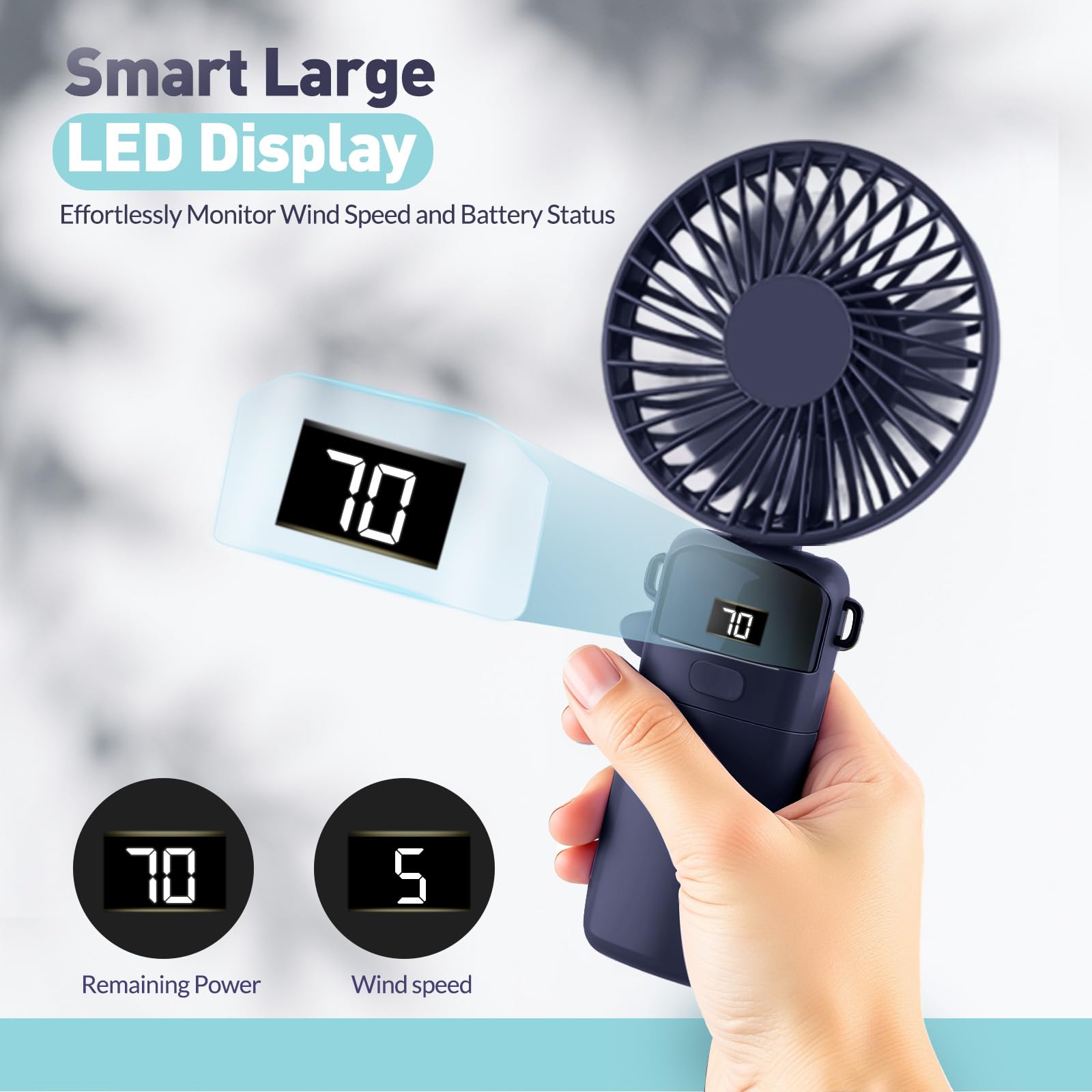 Portable Handheld Fan Rechargeable Small Fan 5 Speeds with Lanyard and Base USB Desk Fan Foldable Quiet Personal Fan with LED Display for Office, Home, Travel, Outdoor - Available at All In One Marketplace Canada