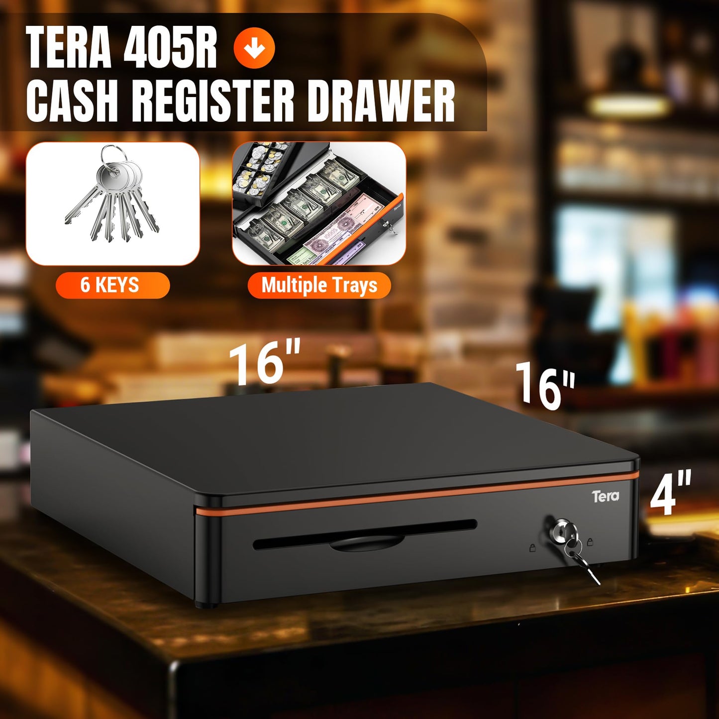 Tera 16" Auto Open Cash Register Drawer Insert Tray 5 Bill 8 Coin for Point of Sale (POS) System with Removable Cash Tray Media Slot 24V RJ12 Key-Lock (Round Corner) for Small Businesses Retail 405R Tera