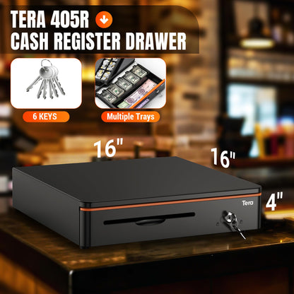 Tera 16" Auto Open Cash Register Drawer Insert Tray 5 Bill 8 Coin for Point of Sale (POS) System with Removable Cash Tray Media Slot 24V RJ12 Key-Lock (Round Corner) for Small Businesses Retail 405R Tera