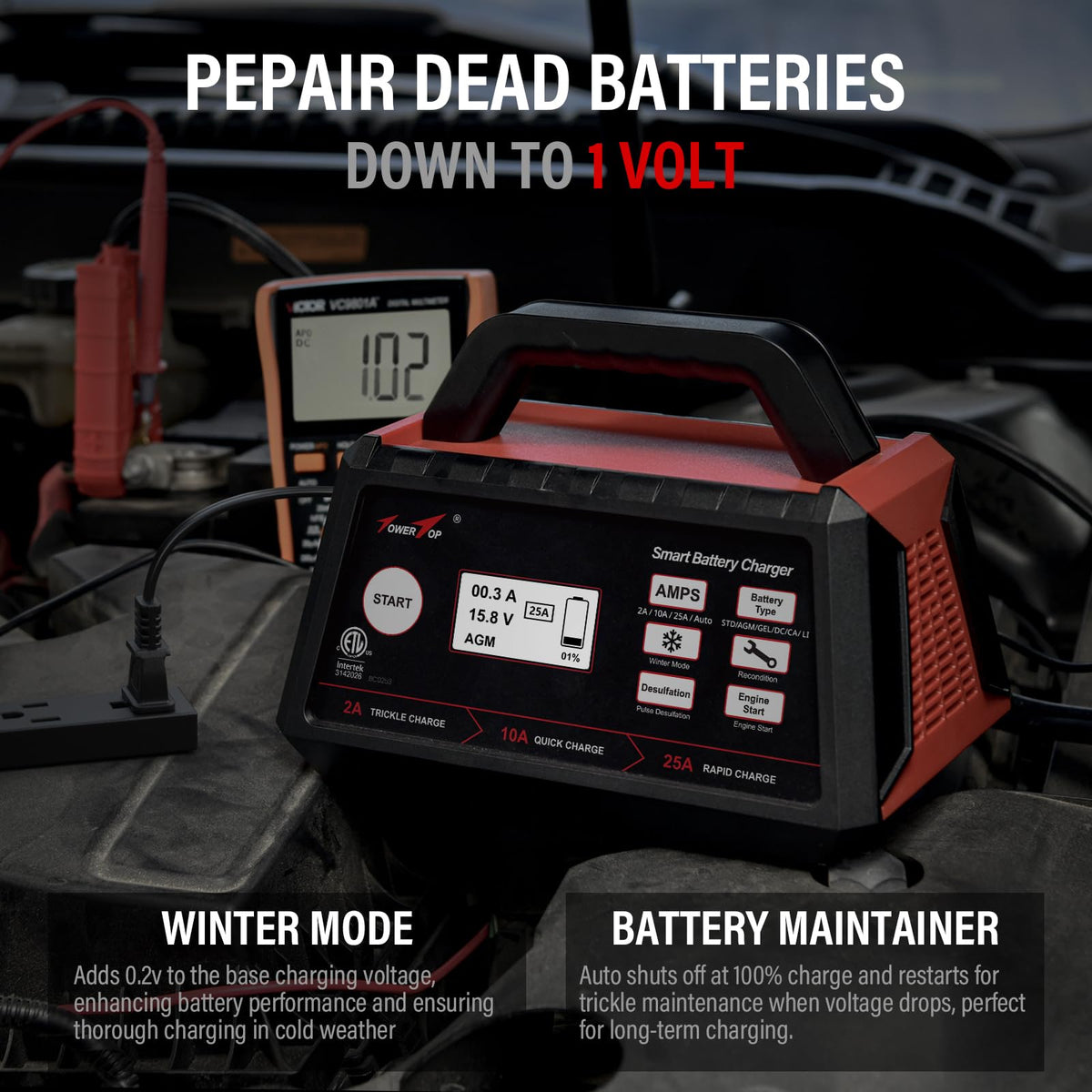 TowerTop 2/10/25 Amp 12V Smart Car Battery Charger, Fully Automatic Battery Maintainer with Engine Start, Auto Desulfator, Battery Repair, Winter Mode, for AGM, STD, Gel, Deep Cycle Batteries（Red） 🍁 All In One Marketplace Canada