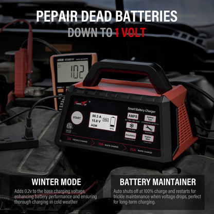 TowerTop 2/10/25 Amp 12V Smart Car Battery Charger, Fully Automatic Battery Maintainer with Engine Start, Auto Desulfator, Battery Repair, Winter Mode, for AGM, STD, Gel, Deep Cycle Batteries（Red） 🍁 All In One Marketplace Canada