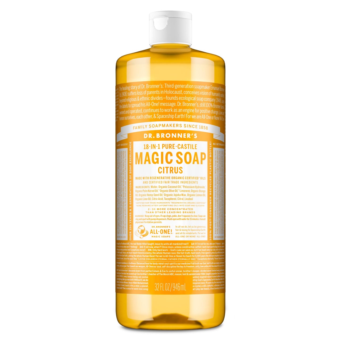 Dr. Bronner’s - Pure-Castile Liquid Soap (Citrus, 946 mL) - Made with Organic Oils, 18-in-1 Uses: Face, Body, Hair, Laundry, Pets and Dishes, Concentrated, Vegan, Non-GMO - Available at All In One Marketplace Canada