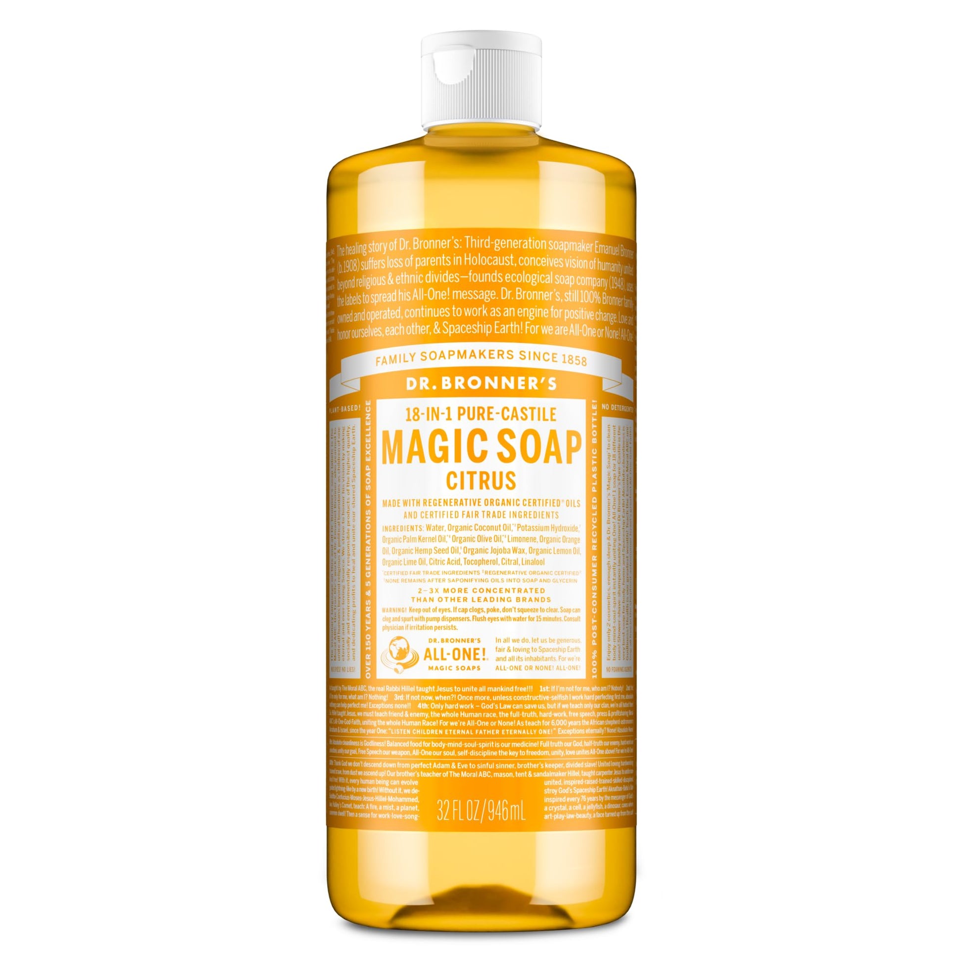 Dr. Bronner’s - Pure-Castile Liquid Soap (Citrus, 946 mL) - Made with Organic Oils, 18-in-1 Uses: Face, Body, Hair, Laundry, Pets and Dishes, Concentrated, Vegan, Non-GMO - Available at All In One Marketplace Canada