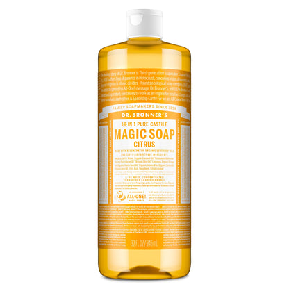 Dr. Bronner’s - Pure-Castile Liquid Soap (Citrus, 946 mL) - Made with Organic Oils, 18-in-1 Uses: Face, Body, Hair, Laundry, Pets and Dishes, Concentrated, Vegan, Non-GMO - Available at All In One Marketplace Canada