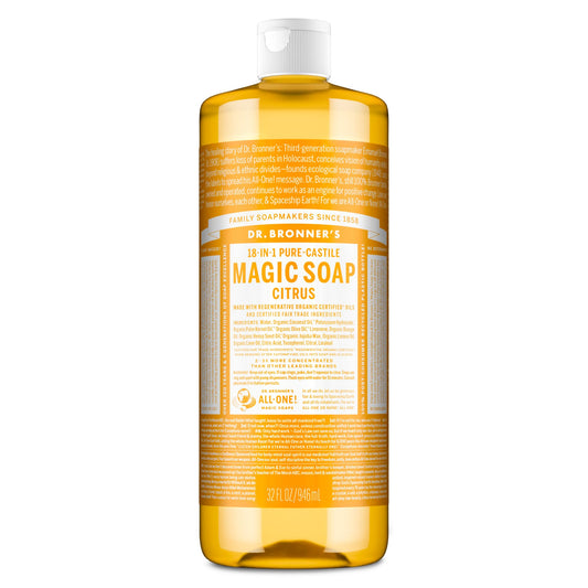 Dr. Bronner’s - Pure-Castile Liquid Soap (Citrus, 946 mL) - Made with Organic Oils, 18-in-1 Uses: Face, Body, Hair, Laundry, Pets and Dishes, Concentrated, Vegan, Non-GMO - Available at All In One Marketplace Canada