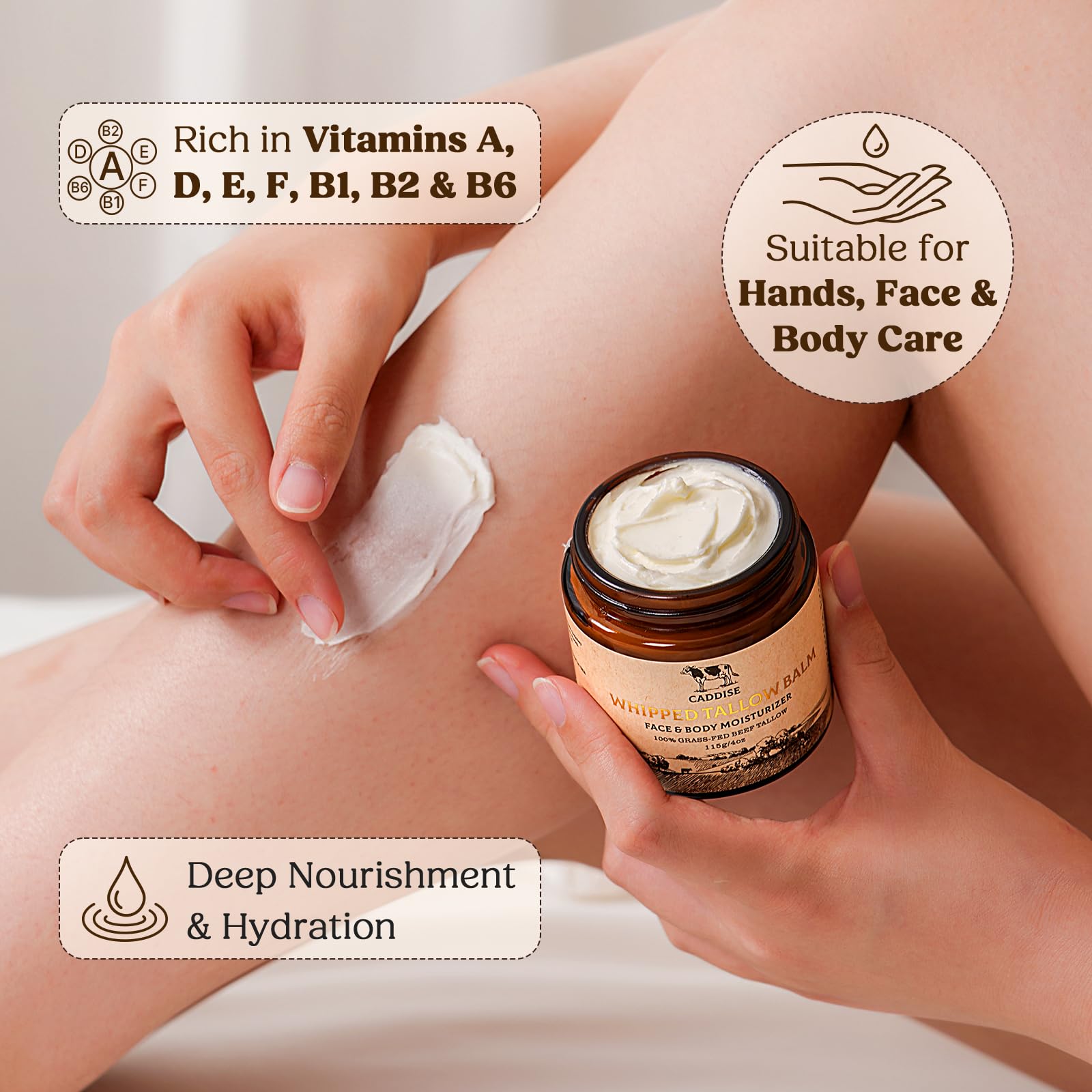 CADDISE Whipped Beef Tallow for Skin – 100% Grass-Fed Handmade Cream Moisturizer for Face & Body, Natural with Honey, Shea Butter, Jojoba Oil, Non-Greasy, Nourishing for Men, Women, Kids, 4 Oz - Available at All In One Marketplace Canada
