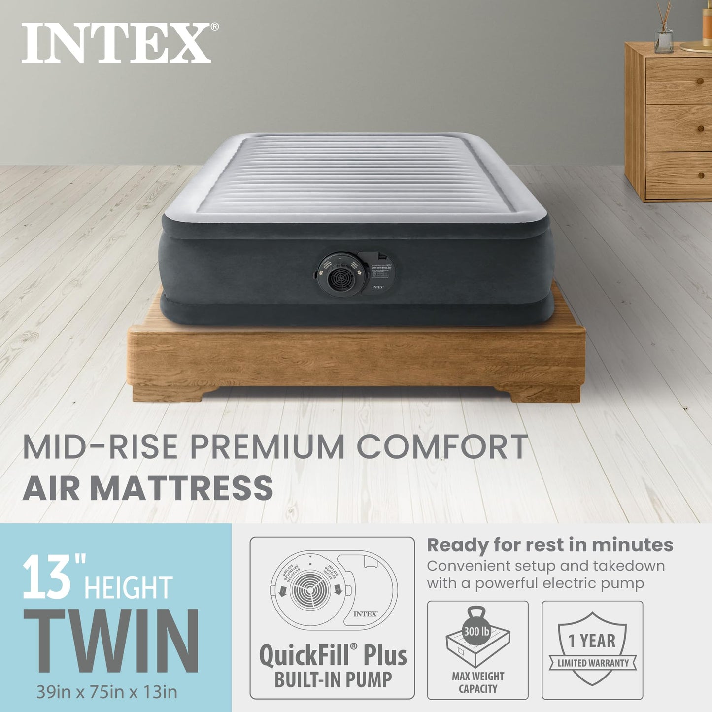 INTEX 67765ED Dura-Beam Deluxe Comfort Plush Air Mattress: Twin Size – Built-in Electric Pump – 13in Bed Height – 300lb Weight Capacity - Gray 🍁 All In One Marketplace Canada