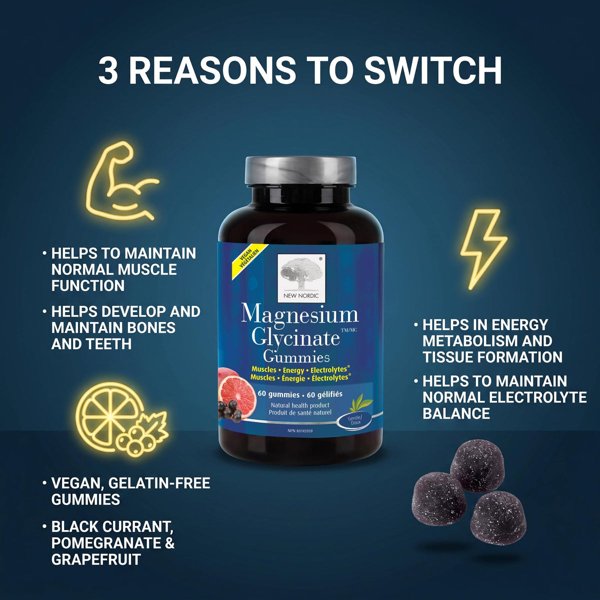 New Nordic Magnesium Glycinate Gummies, 60 Vegan Chews, 30 Day Supply, 4+