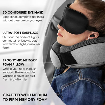 Proglobe Orthopedic Neck Pillow Travel Neck Pillows for Airplanes, Memory Foam Kit, Updated Resting Material, Airplane Travel Set with 3D Contoured Eye Masks, Earplugs, and Luxury Mesh Bag (Grey)