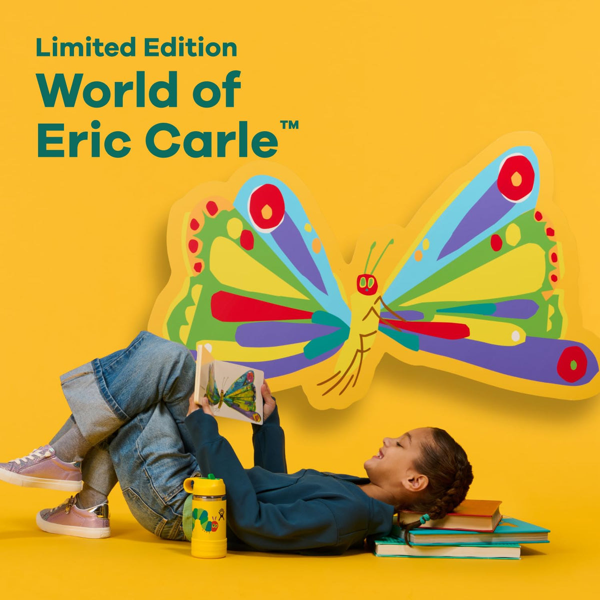 Hydro Flask Kids 12 Oz World of Eric Carle Collection - Wide Mouth Water Bottle with Flex Straw Cap and Boot, Yellow Caterpillar