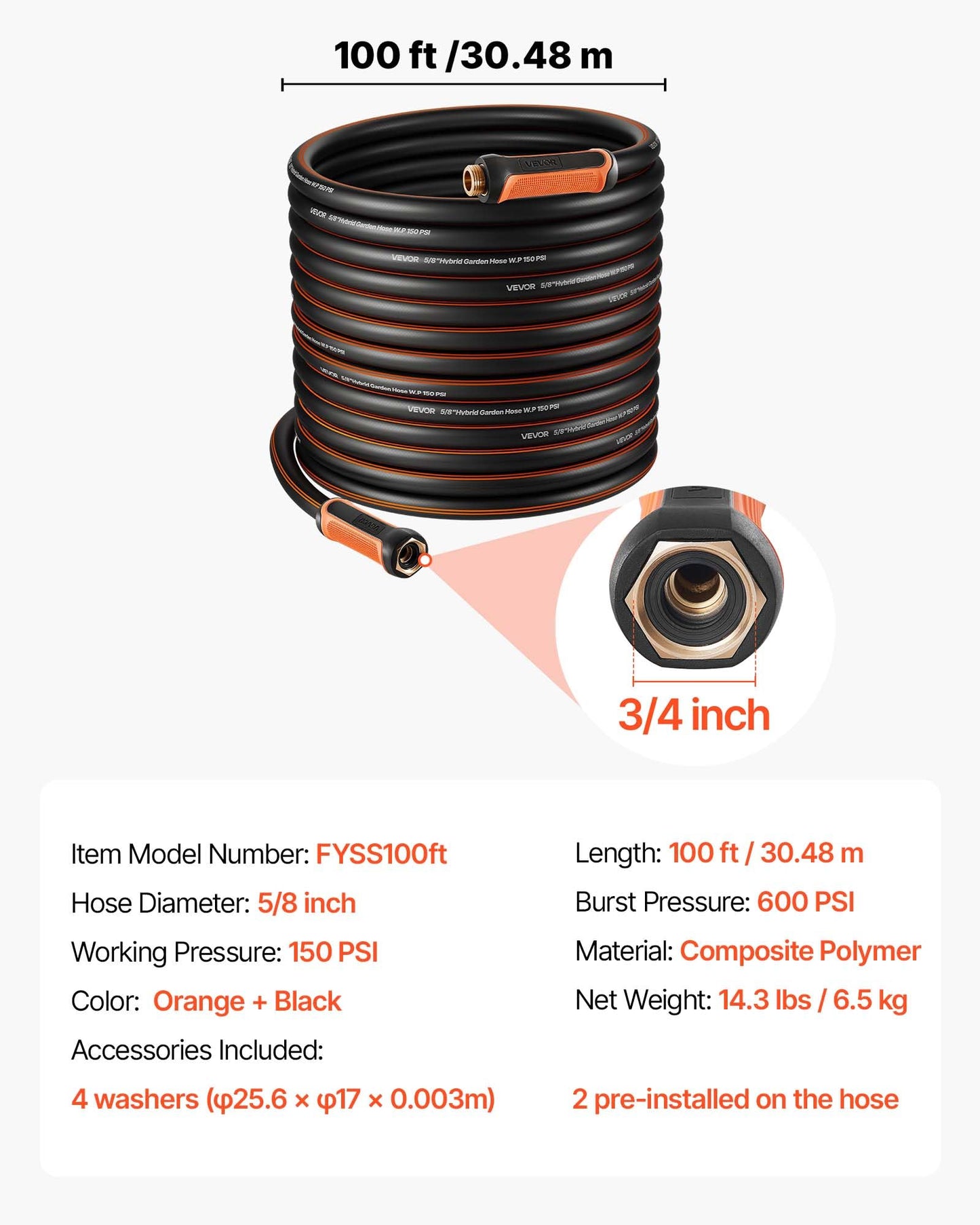 VEVOR Garden Hose, 100 ft 5/8" Heavy Duty 4-Layer Rubber Water Hose, 150PSI Working & 600PSI Burst, Flexible & Non-Kink Outdoor Waterhose with 3/4" Fitting, Lightweight Hoses for Gardening Cleaning 🍁 All In One Marketplace Canada