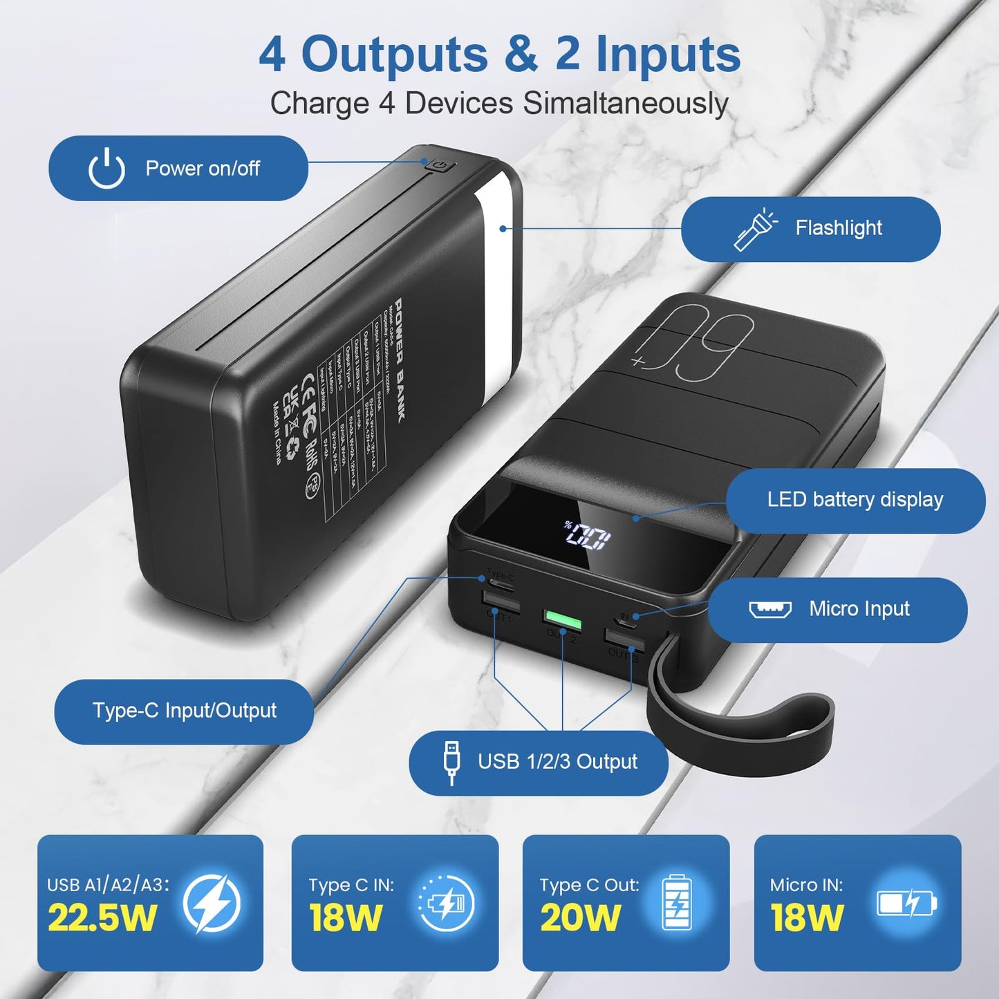 PowerBank 60000mAh Fast Charging,Battery Pack 22.5W Power Bank with USB C, Portable Charger,4 Outputs and 2 Inputs LED Display Compatible with Android Tablets iPhone etc. - Available at All In One Marketplace Canada
