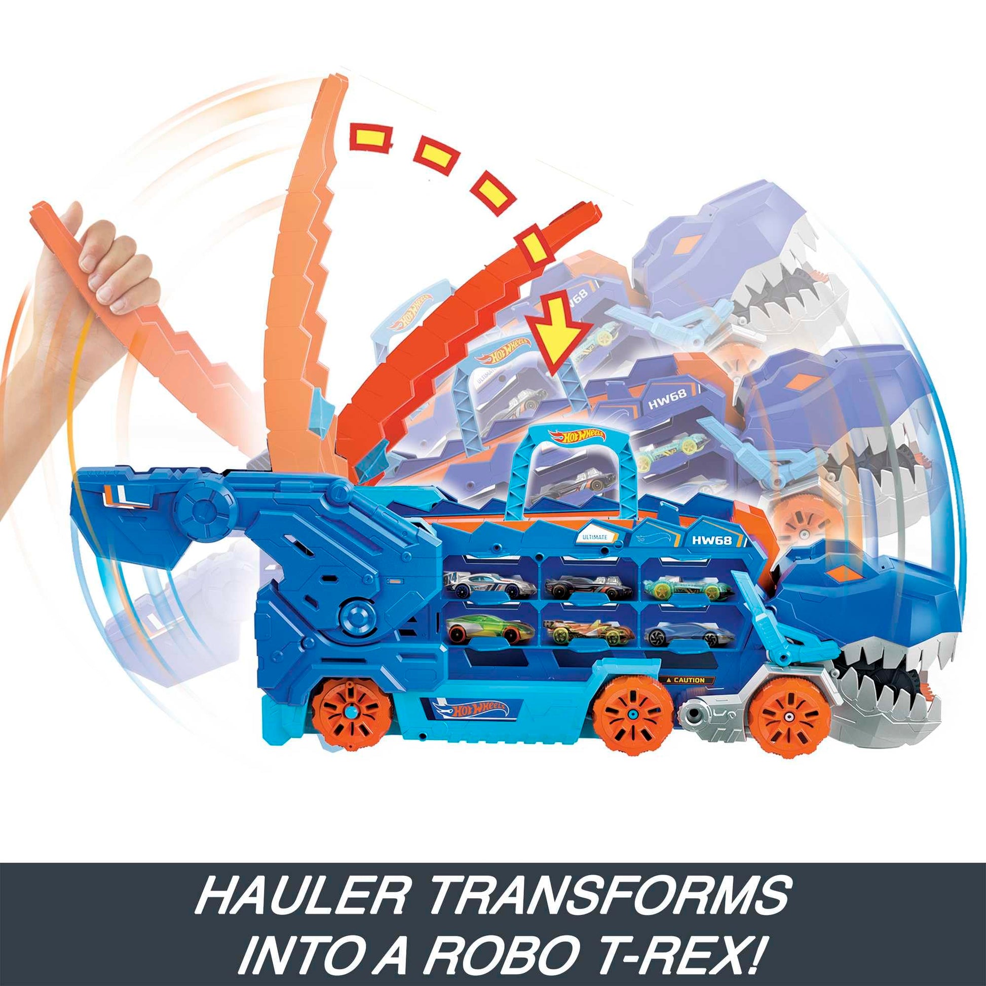 Hot Wheels City Toy Car Track Set, Ultimate T-Rex Transporter, Hauler Transforms into Stomping Dino with Race Track, from Netflix Series “Let’s Race” Hot Wheels