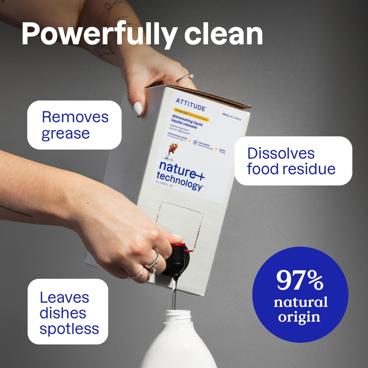 ATTITUDE Dish Soap Refill, EWG Verified, Plant-Based & Vegan Dishwashing Liquid, Naturally Derived, Made in Canada, Citrus Zest Scent, 2 Liters