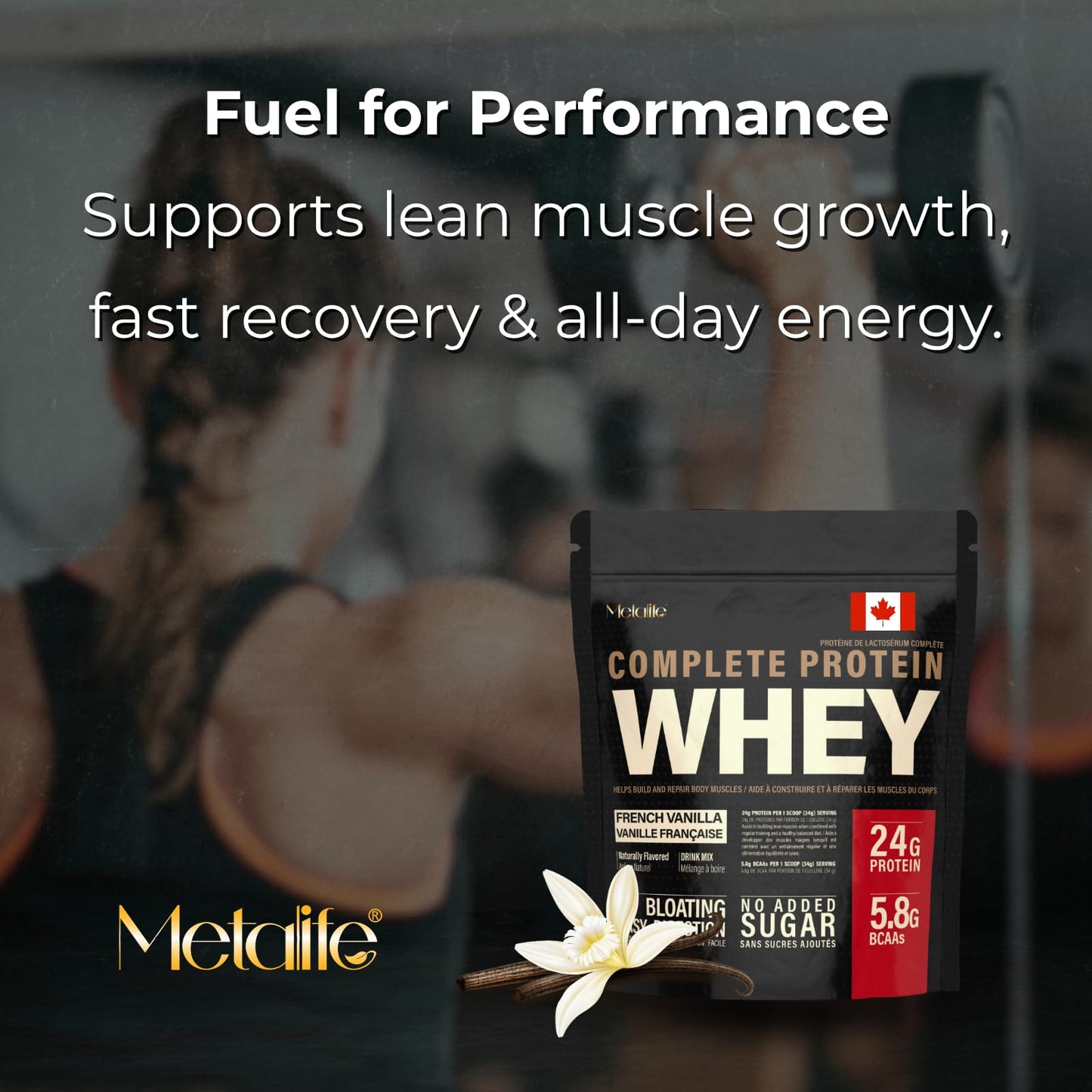 MetaLife Complete Whey Protein Powder – 24g Protein, 5.8g BCAAs, Sugar-Free, Gluten-Free, 714g (21 Servings) – French Vanilla