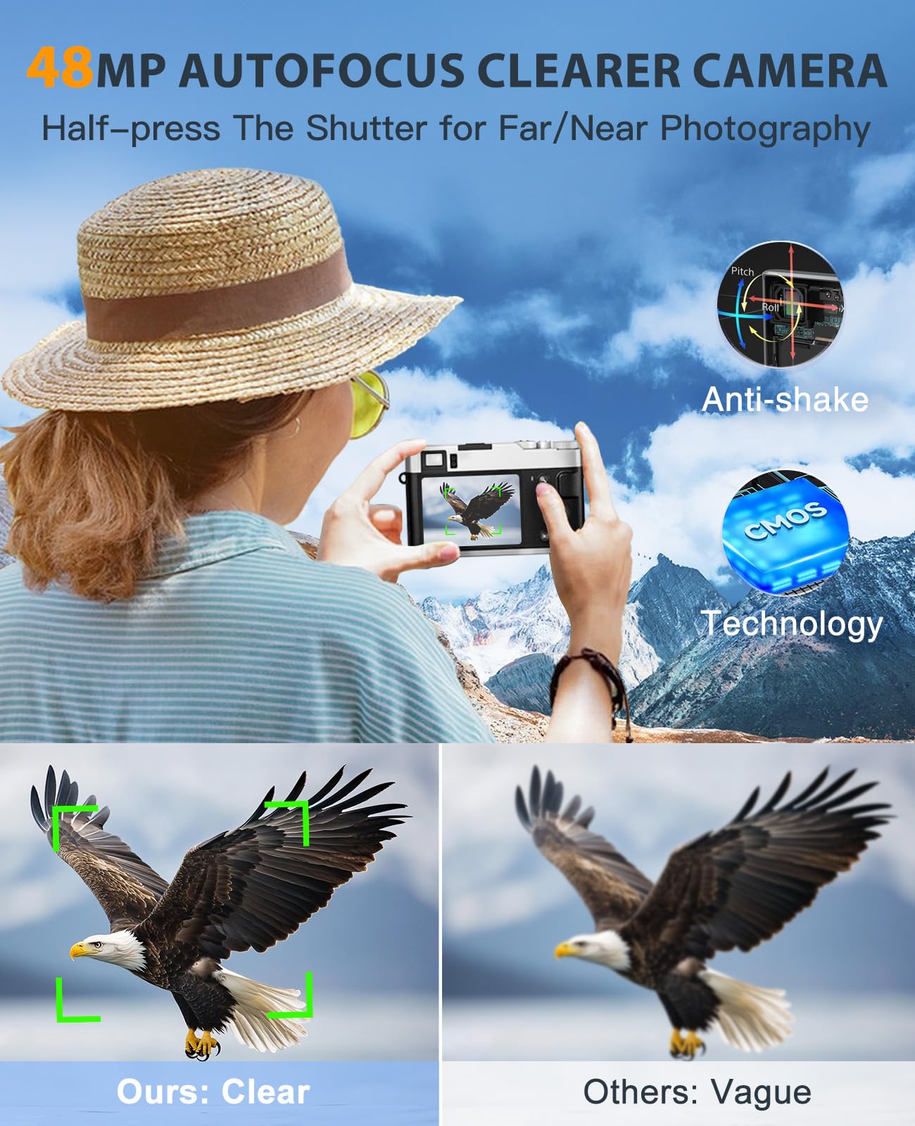 ToAuite 4K Digital Camera with Viewfinder, 48MP Autofocus Vlogging Camera for Photography and Video, Anti-Shake 16X Zoom Travel Portable Camera with Flash 32GB Card, Selfie YouTube Cameras with Dial - Available at All In One Marketplace Canada