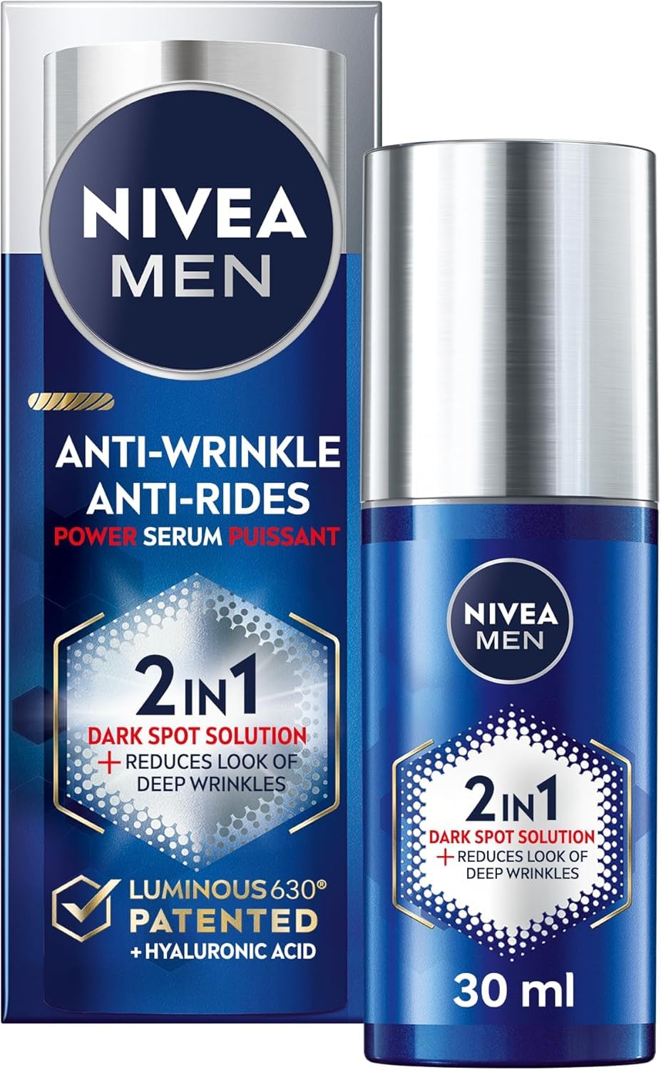 NIVEA MEN Anti Wrinkle 2-In-1 Power Serum for All Skin Types, Dark Spot Solution Face Serum for Men, With Luminous630 and Hyaluronic Acid to Reduce Deep Wrinkles and Dark Spots, 30mL