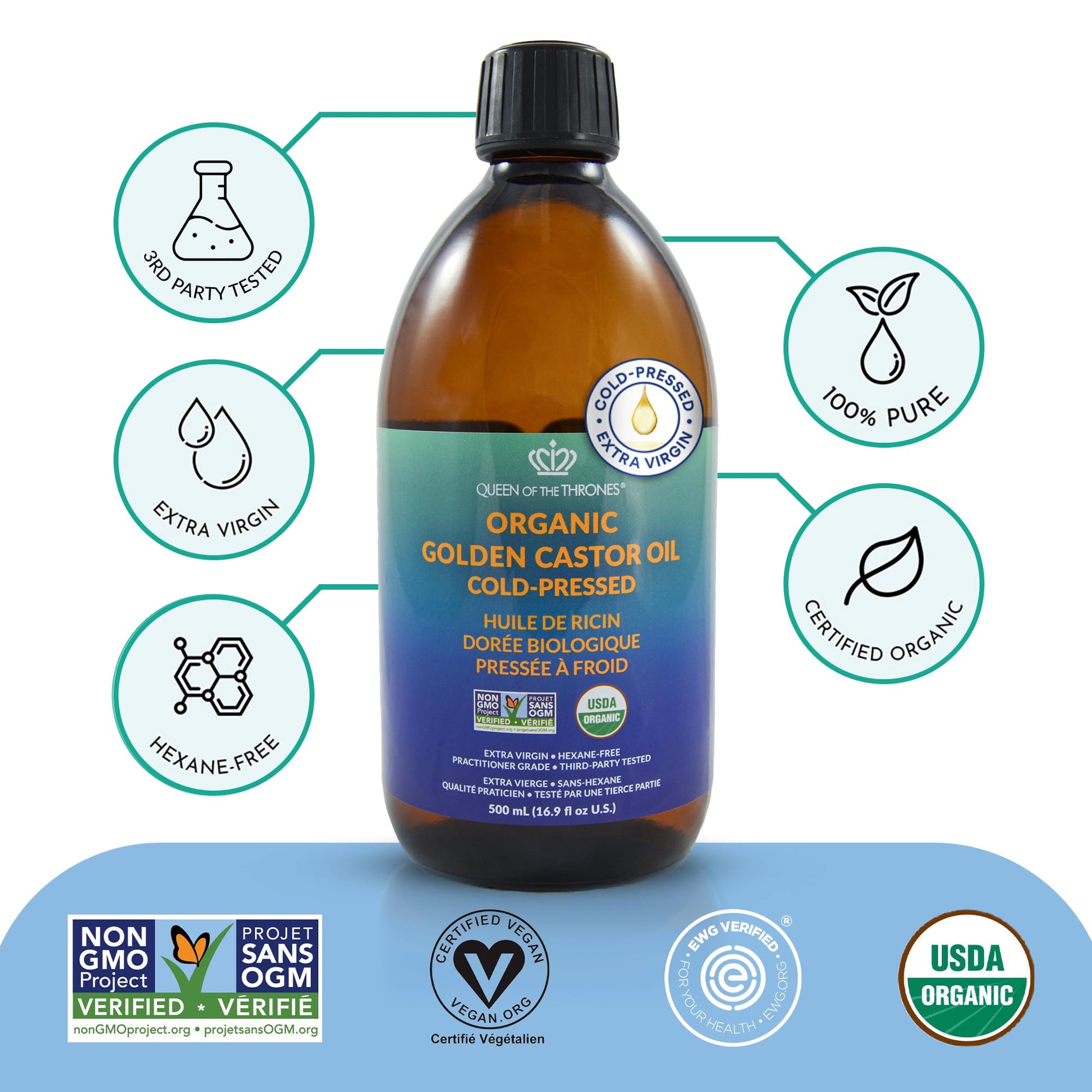 Queen of the Thrones Organic Golden Castor Oil - Pure Cold-Pressed Castor Oil for Self-Care - Multipurpose Clean Beauty Product for Hair, Nails & Skin - Silicone Precision Pump - 16.9 fl oz - Available at All In One Marketplace Canada