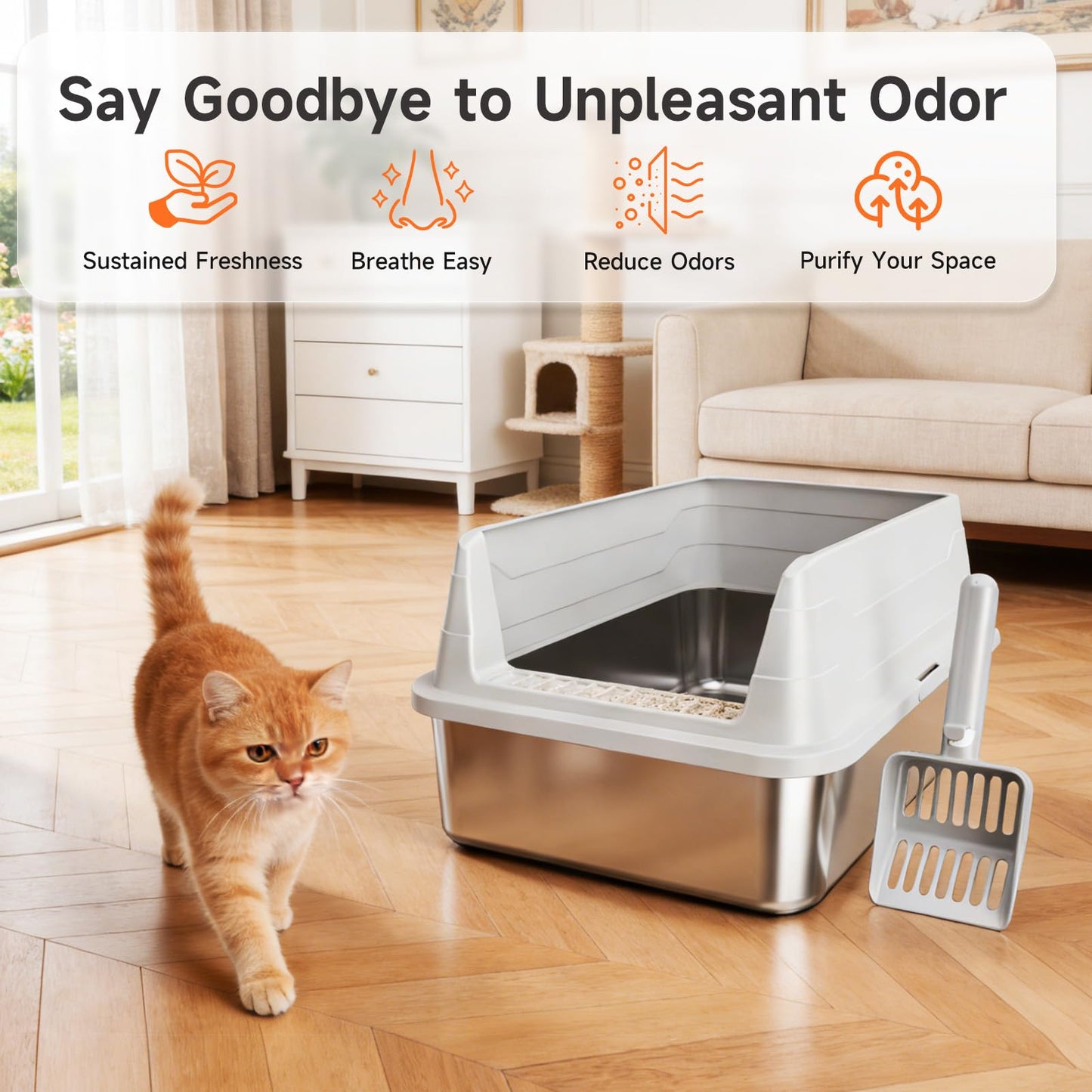 Stainless Steel Cat Litter Box, Odor Free Metal Litter Box with High Sides Lid, Open Top Low Entry Litter Pan Include Scoop Easy Cleaning Anti-Scratch Kitty Cat Box Anti-Urine Leakage, Non-Sticky - Available at All In One Marketplace Canada