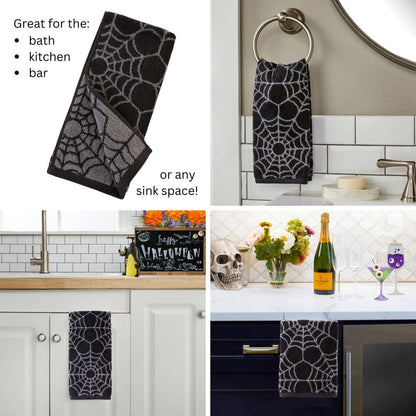 SKL Home Ensemble de 2 serviettes à main Halloween, motif toile d'araignée, 100 % coton jacquard, réversibles, douces et absorbantes, décoratives pour salle de bain/cuisine/bar et cadeau, noir