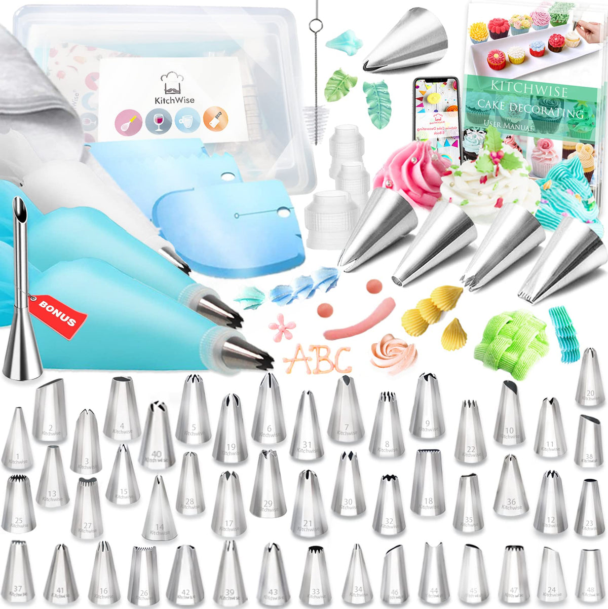 Cake Decorating Supplies Kit Tips 83 Pieces, 48 Stainless Steel Icing Tip Set, 2 Reusable Coupler and 20 Pastry Bags 🍁 All In One Marketplace Canada