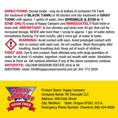 Happy Campers RV Toilet Treatment - Powerful Odor Control, Long-Lasting RV Tank Treatment - Prevents Clogs, Buildup, Sensor Failure - Keeps Holding Tank Clean & Healthy, Odor Free (18 Treatments)
