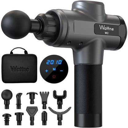 Muscle Massage Gun Deep Tissue Percussion Massager - Portable Handheld Sport Massagers for Athletes, Quiet & Powerful Brushless Motor Cordless, 20 Speed Level,Wattne W2 (Grey)