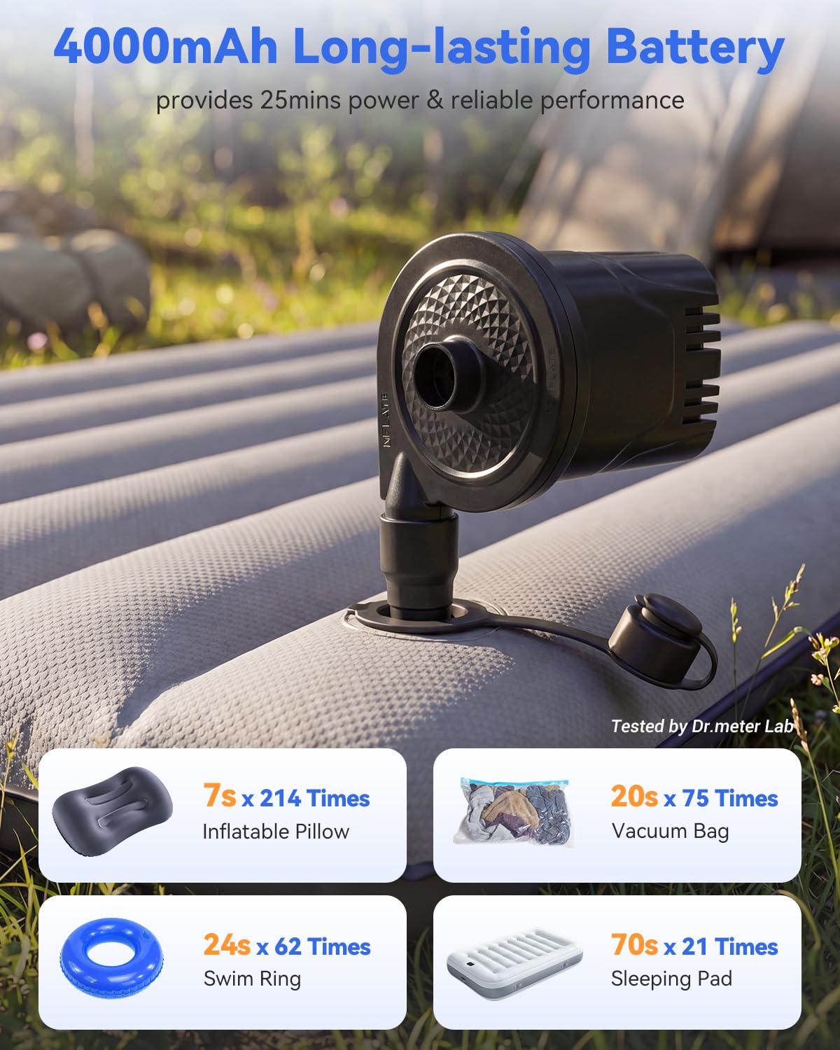 Air Mattress Pump, Dr.meter 4000mAh Rechargeable Battery Air Pump for Inflatable, Portable Quick-Fill Inflator Deflator for Outdoor Camping Inflatable Pool Float Boat Raft Yoga Ball Swim Ring Airbed - Available at All In One Marketplace Canada