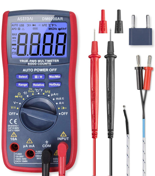 AstroAI Digital Multimeter 6000, Multi Meter - Measures Voltage, Current, Resistance, Continuity, Capacitance, Diode, Temperature – Voltmeter with Backlit LCD, Data Hold, Safety Rated CAT III, Blue