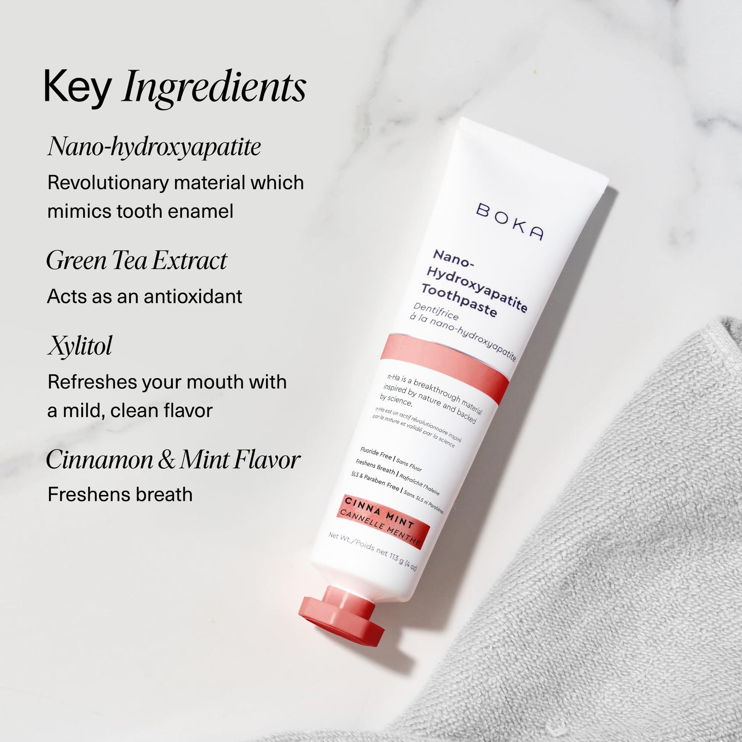Boka Fluoride Free Toothpaste, Nano Hydroxyapatite Toothpaste, Appropriate for Sensitive Teeth - for Adult Oral Care - Cinnamon Mint Flavor, 4 Fl Oz (113g) 1Pk
