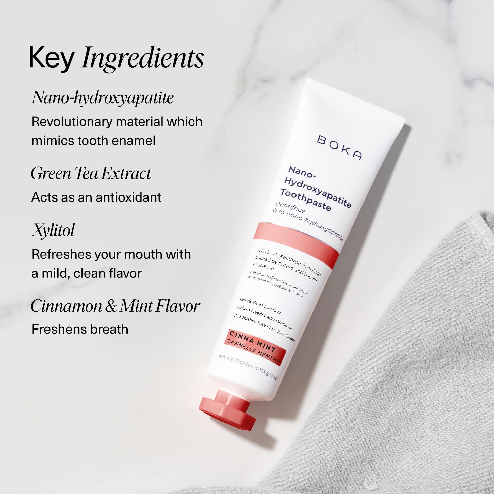 Boka Fluoride Free Toothpaste, Nano Hydroxyapatite Toothpaste, Appropriate for Sensitive Teeth - for Adult Oral Care - Cinnamon Mint Flavor, 4 Fl Oz (113g) 1Pk