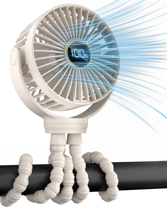 Stroller Fan, Portable Fan, Battery Powered Baby Clip On Fans, 3 Speeds Personal Cooling Fan with Rotatable Handheld for Car Seat Crib Bike Treadmill, Beige-white