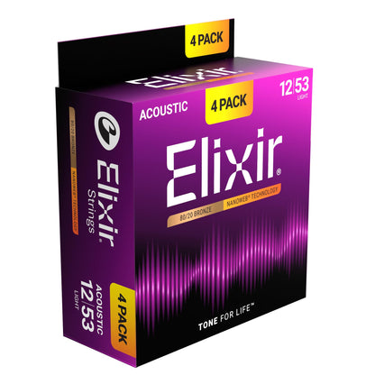 Elixir Strings, Acoustic Guitar Strings, 80/20 Bronze with NANOWEB Technology, Longest-Lasting Bright and Focused Tone with Comfortable Feel, 4 Pack, Light 12-53 🍁 All In One Marketplace Canada