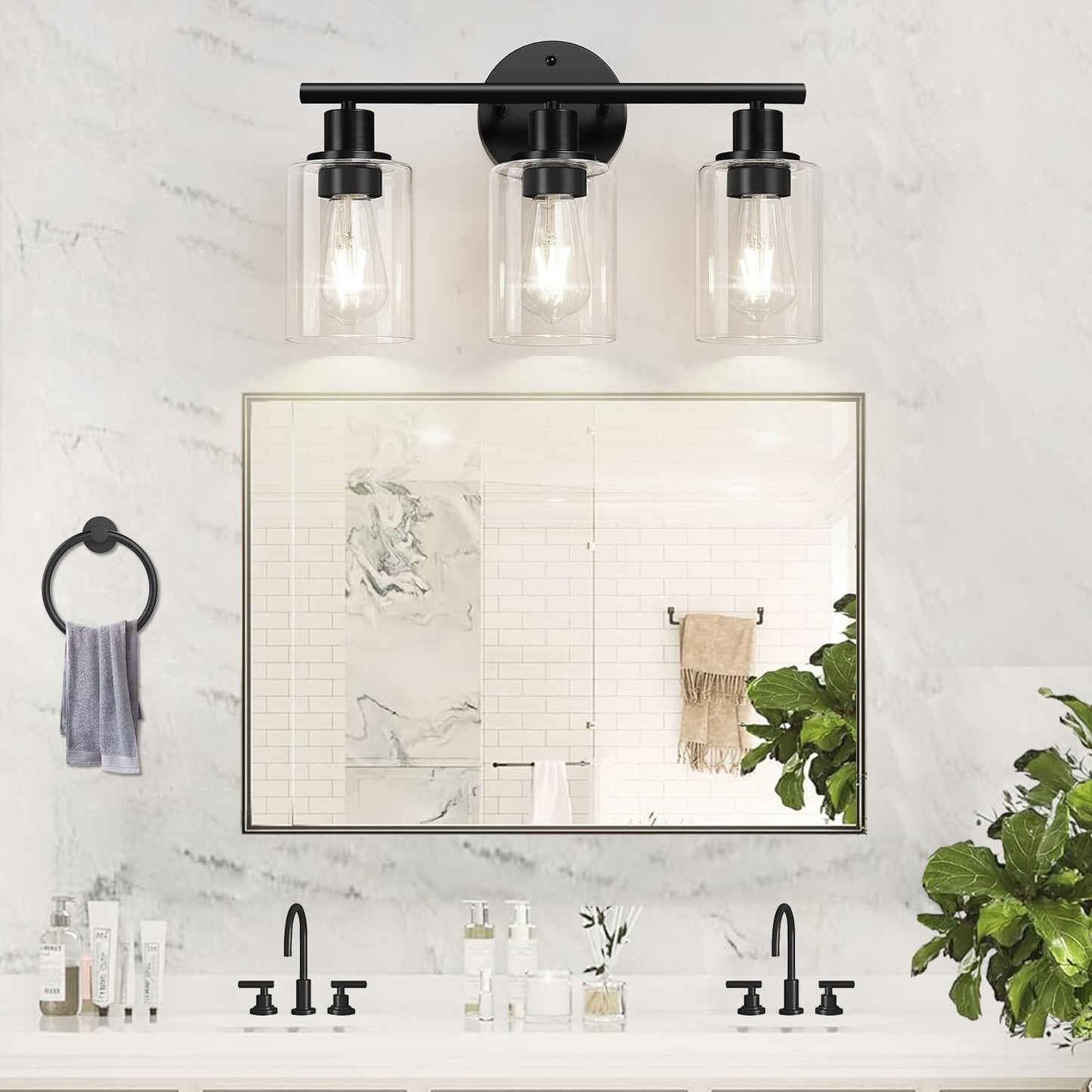 3-Light Bathroom Light Fixtures, Black Bathroom Wall Lights, Modern Bathroom Vanity Light with Clear Glass Shade, Bathroom Wall Lamp for Mirror Kitchen Bedroom Living Room