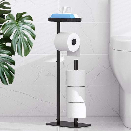 Kitsure Toilet Paper Roll Holder Free Standing – Rustproof Metal Toilet Paper Stand for 4 Rolls with Anti-Slip Base and Shelf for Phone & Small Items, Black, 63.0 x 23.5 x 15.0 cm