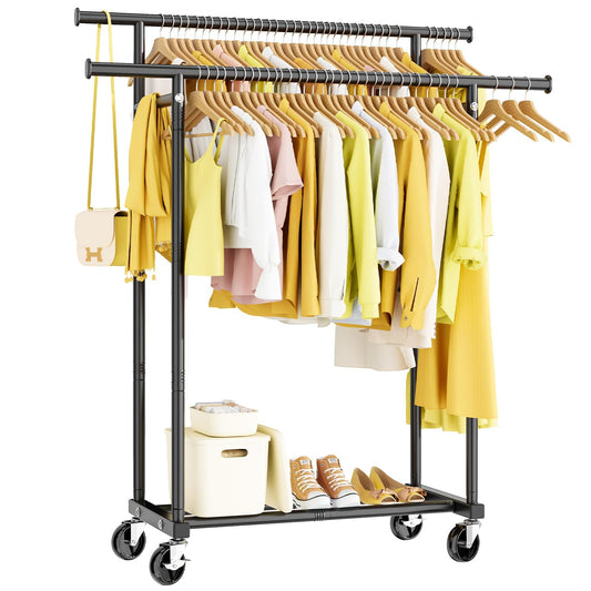 HYSEYY Double Rods Clothing Rack, Rolling Clothes Rack, Metal Garment Rack with 4 Lockable Wheels & Storage Shelf, Sturdy Coat Rack for Bedroom, Laundry, Living Room - 160H x 113W x 42D cm (Black) - Available at All In One Marketplace Canada