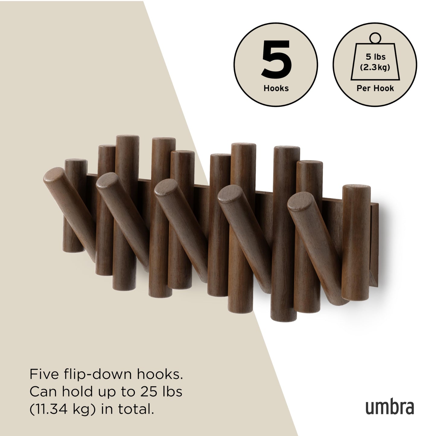 Umbra Picket Wall-Mounted Coat Rack Rail Hook with 5 Retractable Wood Pegs – Modern, Space-Saving Storage Organizer, Walnut Umbra