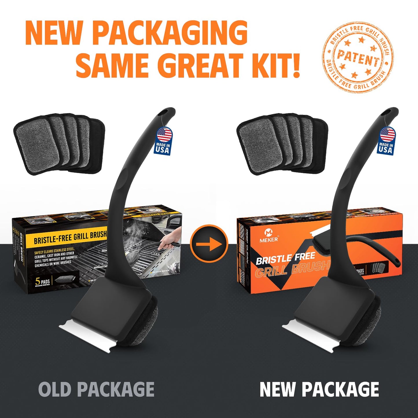 MEKER Grill Brush Bristle Free, Grill Cleaner Brush with 5 BBQ Replacement Head for Cast Iron, Stainless Steel Grates, Safe Grill Scraper Outdoor BBQ Grill, Black - Available at All In One Marketplace Canada